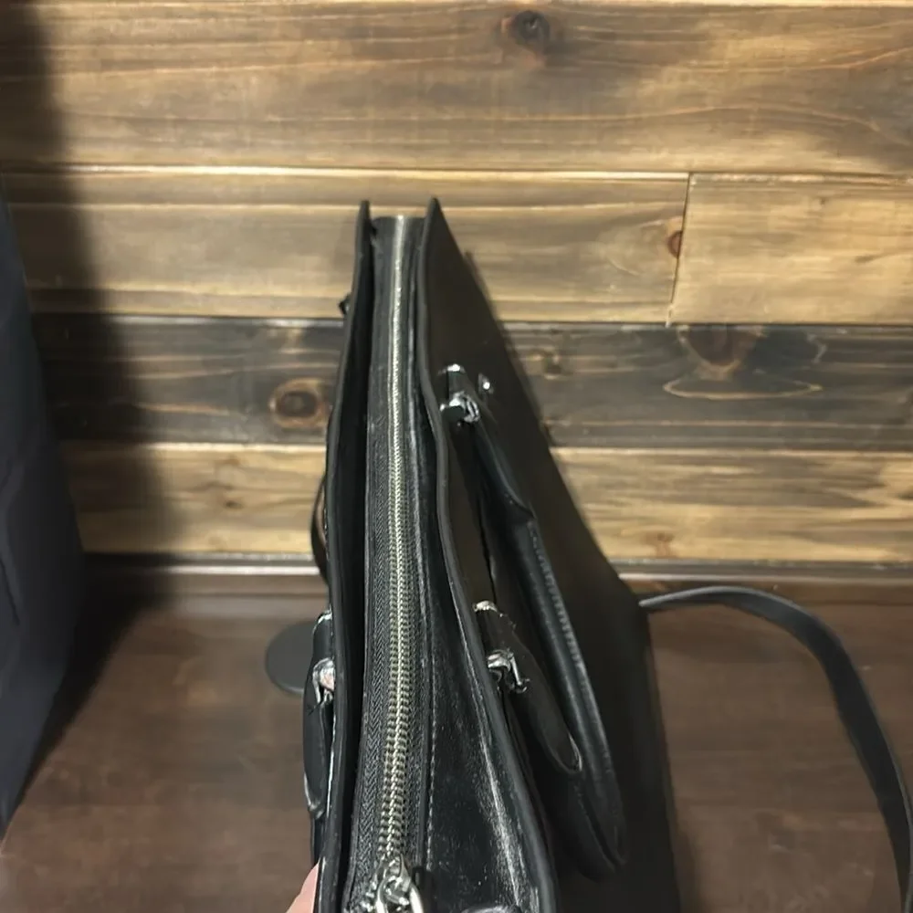 Claci Black Leather Accordion Color Side Tote Business Briefcase Bag